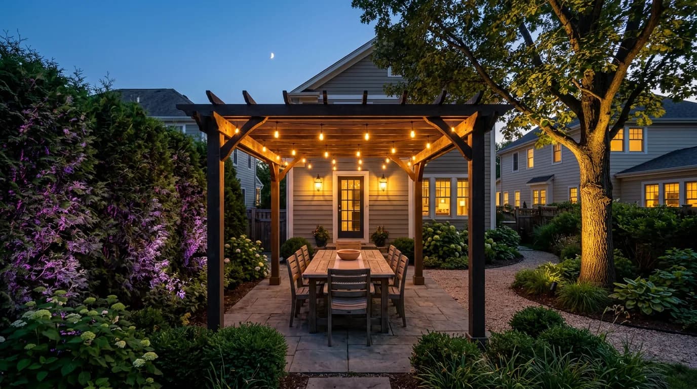 Backyard patio at dusk with string lights over a dining table, a hedge washed in purple light and a spotlit tree